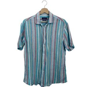 Bugatchi Uomo 100% Fine Linen Striped Short Sleeve Shirt - Size L